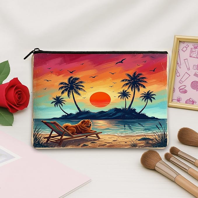 Chow Chow Dog Makeup Bag, Retro Coastal Beach Palm Tree Cosmetic Travel Pouch for Women Girls, Pet Portable Small Canvas Zipper Organizer 7x9 Inch