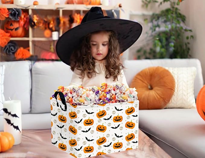 Large Halloween Themed Candy Gift Boo Basket for Kids Baby Personalized Adults Storage Bin Fall Decor(Bat Pumpkin)
