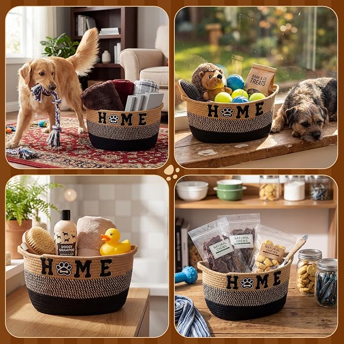 Dog Toy Storage Basket - Large Woven Rope Organizer Bin with Home Paw Patch, 13'' x 8.7'' Decorative Pet Bin Box for Living Room, Cotton Rope Basket for Dog Toys Blankets Accessories