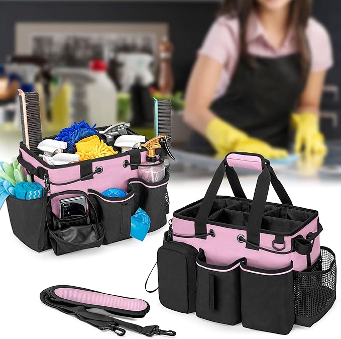 LoDrid Large Professional Cleaning Caddy with Detachable Divider, Pink | Cleaning Supply Organizer with Handle and Shoulder Strap for Housekeepers & Cleaners