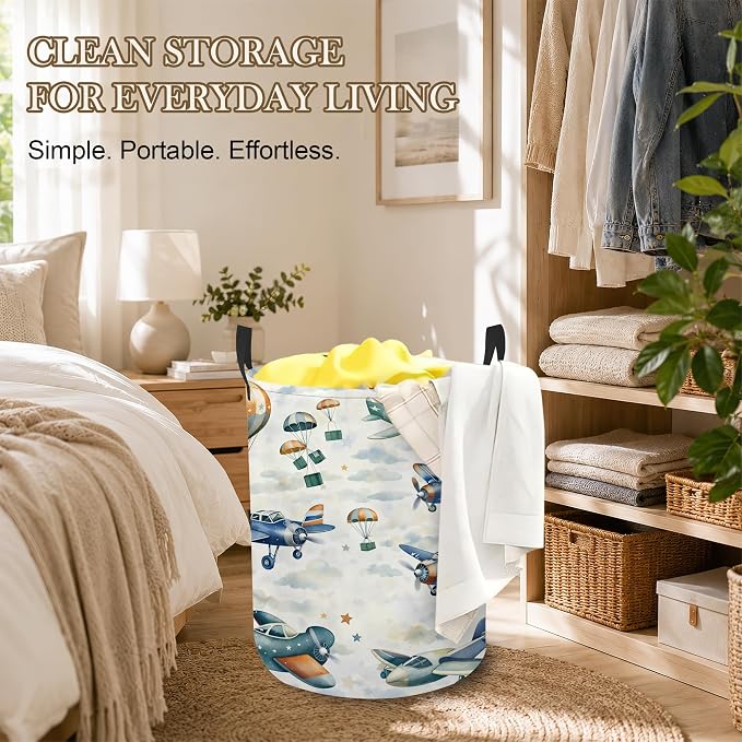 Vintage Airplanes Laundry Basket, Cloud Sky Collapsible Laundry Hamper Waterproof Oxford Cloth With Handles, Clothes Storage Bucket For Bathroom/Bedroom 16" x 20.8"