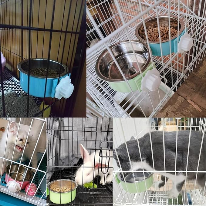 kathson Crate Dog Bowl, Removable Stainless Steel Hanging Pet Kennel Cage Bowl Food & Water Feeder Coop Cup for Puppy, Cat, Rabbit, Guinea Pigs Ferret Bird (2 PCS, Size: M, Blue and Green) (Pack of 2)