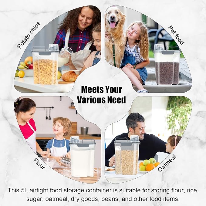 LEAWALK Airtight Rice Storage Container, 7-10Lbs Cereal Dry Food Flour Bin, Pet Dog Cat Food Dispenser with Measuring Cup, BPA Free Plastic Kitchen and Pantry Organization Bin for Sugar-Gray