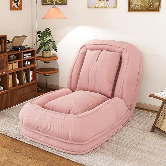 Human Dog Bed for Adults and Pets, Upholstered Foldable Lazy Sofa Bed with 5 Adjustable Positions, Corduroy Floor Sofa Bed with 2 Pillows, Convertible Recliner for Living Room, Reading Corner (Pink)