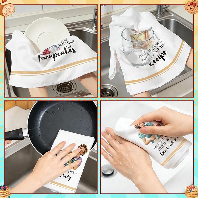 GROBRO7 Funny Kitchen Hand Towel - 6Pcs Retro Lady Cooking Dish Towels Soft Polyester Cleaning Dishcloth Home Dining Room Bath Vintage Style Decor Housewarming Gifts for Housewife Women Hostess