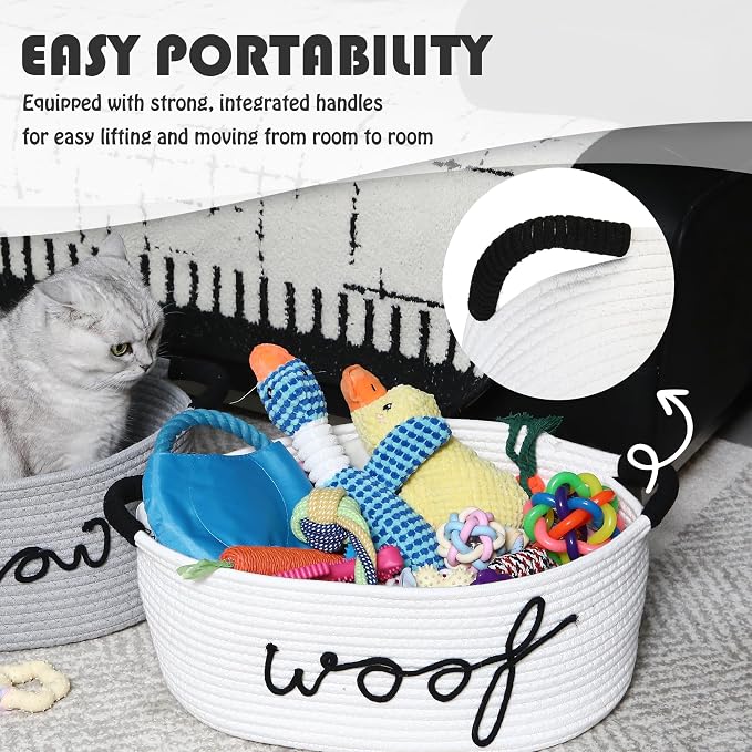 Sea Team Dog Toy Storage Basket with Handles, White Woof | Large Cotton Rope Storage Bin, Shelf Basket, Organizer for Pet Chew Toys, Foods, 16.5 x 11 x 7 Inches, 4.4 Gallons
