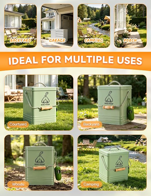 Dog Poop Trash Can Outside, Metal Pet Waste Trash Can with Lid & Handle, 5L/1.3Gal Dog Waste Station with Bag Holder & 30 Bags(Green)