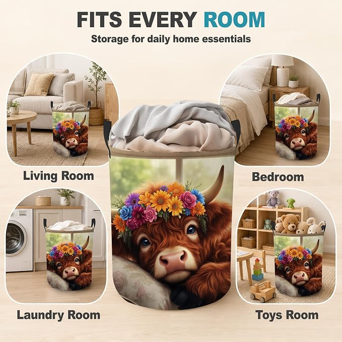 Highland Cow Floral Portable Laundry Hamper,Farmhouse Cozy Collapsible Clothes Basket with Handles,Waterproof Oxford Cloth Organizer for Dorm Bedroom Bathroom Nursery,16 x 20 Inch