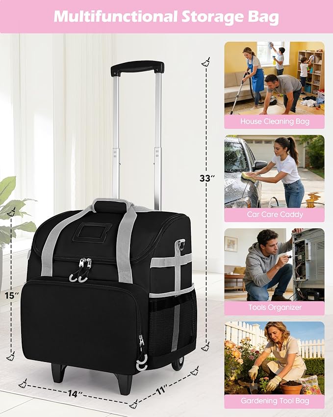 Marscamd Large Rolling Cleaning Caddy Bag with Detachable Trolley, Black | with Detachable Shoulder Strap, Cleaning Bags for Housekeepers on Wheels