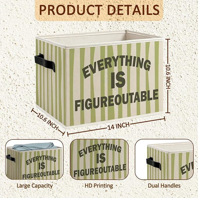 Inspirational Everything Is Figureoutable Foldable Storage Bins Box with Handles, Motivational Retro Green Striped Decorative Storage Boxes Baskets Toybox Organizer for Bedroom Bathroom
