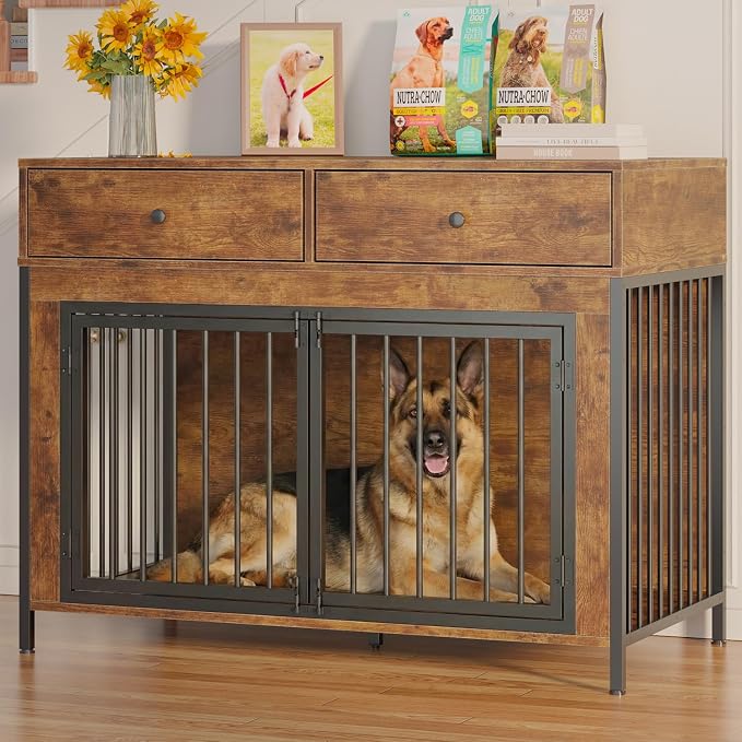 PUKAMI Large Dog Crate Furniture with 2 Drawers, 44 Inch Wooden Dog Kennel Indoor, Crate Furniture as Decorative End Table, Cage Furniture for Small Medium Large Dogs (New Brown, 1-Pack Set)