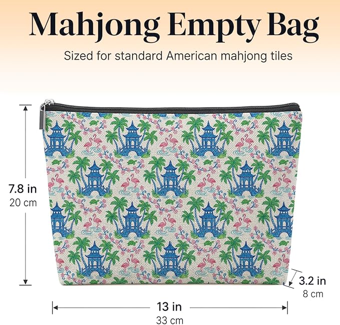 Chinoiserie Coastal Flamingo Empty Mahjong Tile Bag 13x7.8 Inch | Preppy Beach Printed Portable Travel Case Organizer Zipper Pouch for American Mahjong Tiles Game Night Accessories and Gifts
