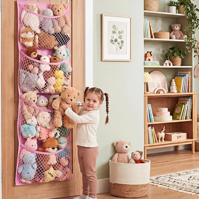 Over The Door Stuffed Animal Storage, Cotton Toy Organizer for Storage Plush Toys,Baby Supplies, Stuffed Animal Holder with 4 Large Pockets, Hanging Door Organizer for Nursery, Bedroom (Pink)