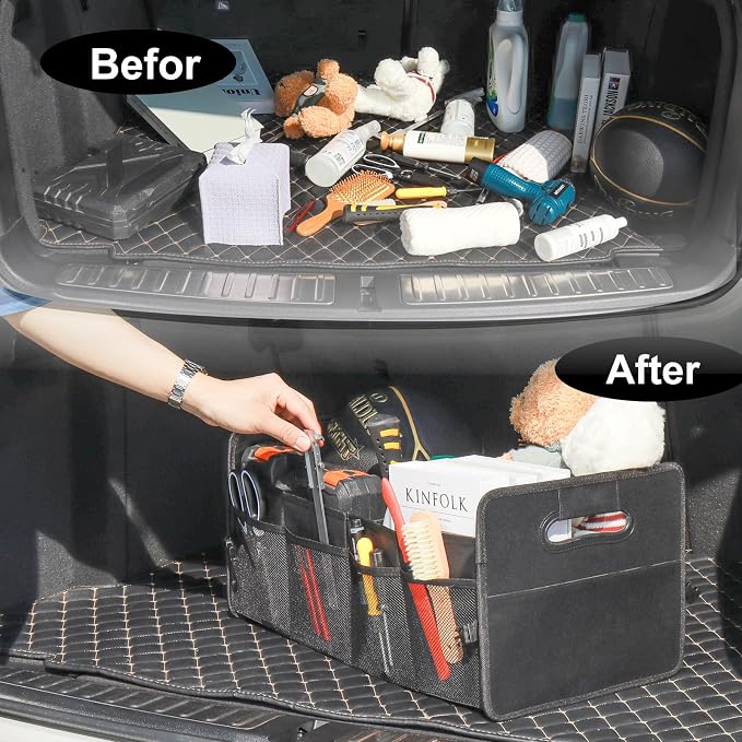 JiatuA Car Trunk Organizer, Car Organizers and Storage Collapsible Multi Compartment Container Box, Adjustable Car Accessories for SUV Sedan Truck, Standard Size, Black | Sturdy, Large Capacity, Clean Decor, Multi Compartment Container Box, Adjustable ...