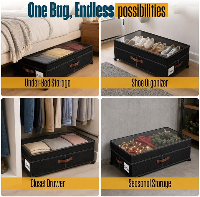 Under Bed Storage Organizer with Wheels, Rolling Under Bed Storage Containers with Clear Lid, Dual Zippers, Handles, Storage for Clothes, Shoes, Blankets, Toys,2-pcs Under Bed Drawers-Black