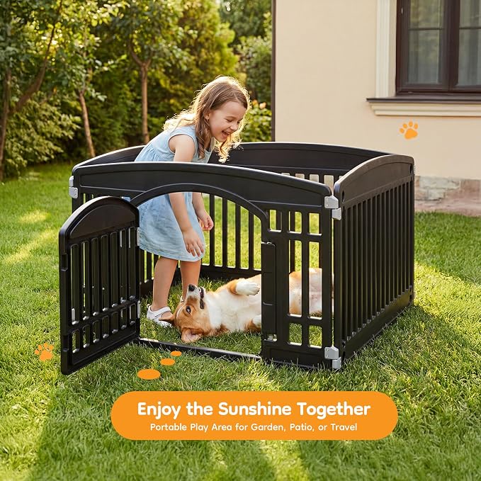 NEWBULIG 4 Panels 24 Inch Dog Playpen, Plastic Pet Play Pen Fence | Portable, Secure Locking Door, Indoor Outdoor Yard RV Camping, Small Medium Dogs, Black