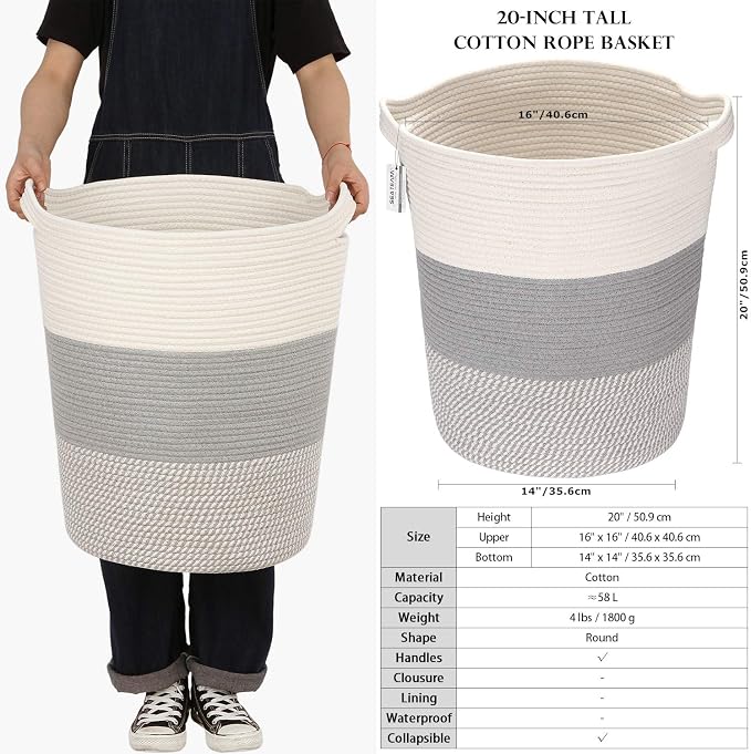 Sea Team Large Woven Cotton Rope Laundry Basket with Handles, 20 x 14 in | Collapsible Knitted Hamper, Closet Shelf Organizers, Containers for Clothing, Blankets, Toys, Bedding, Mottled Gray
