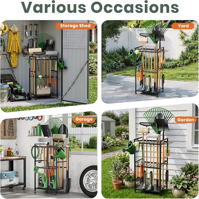 SPACECARE Garden Tool Organizer with Feet Up to 35 Long-Handled Tools Black | Yard Tower Rack for Garage Organization and Storage, Heavy Duty Steel Garden Tool Stand for Shed, Outdoor (Rakes/Brooms)