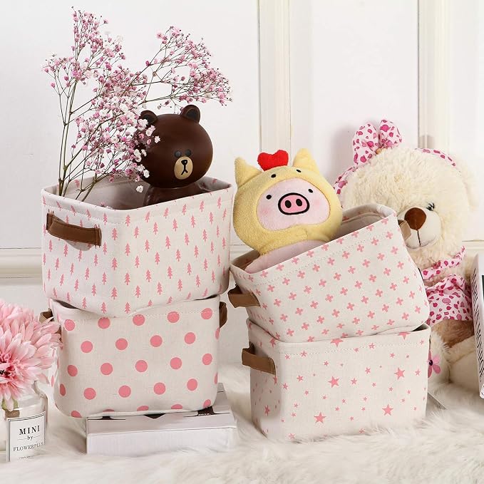 Sea Team Collapsible Fabric Storage Cube Bins Organizer with Handles | Canvas Storage Baskets for Closet Shelf Organization and Organizing Solution, 7.9 x 6.3 x 5.9 Inches, Pink, 4-Pack
