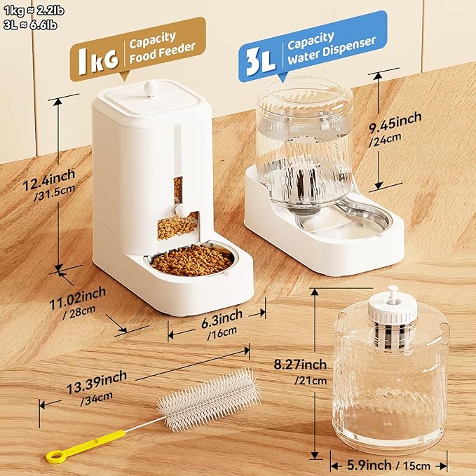 JUNSPOW Automatic Cat Feeder Dog Water Bowl Dispenser Set with Stainless Steel Bowl, Adjustable Food Dispensing & Keep Food Dry, Auto Pet Feeder and Waterer for Cats and Dogs