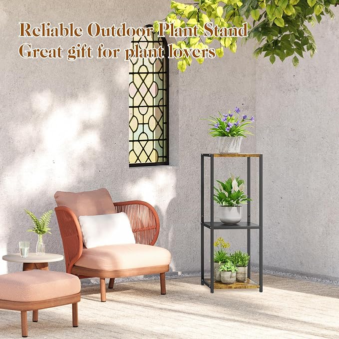 KMOTASUO 3 Tier Metal Plant Stand Tall for Indoor Outdoor Corner | Heavy Duty Flower Holder Rack, Modern Vertical Iron Shelf for Patio Bathroom Office Garden