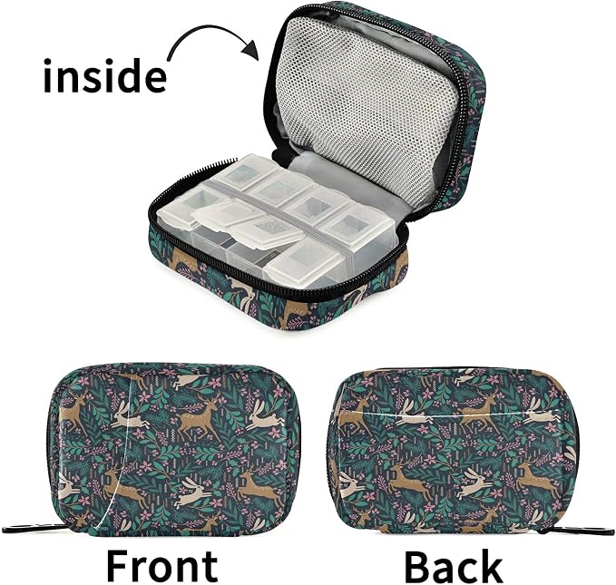 Animal Deer Rabbit Pill Box 7 Day Pill Case Travel Pill Organizer Bag with Zipper Portable Weekly Case Compact Size for Vitamin Supplement Holder