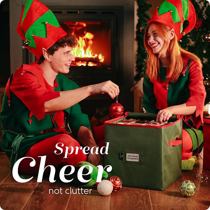 Handy Laundry, Christmas Ornament Storage, Stores up to 64 Holiday Ornament, Adjustable Dividers, Zippered Top, Two Handles Attractive Storage Box Keeps Decorations Clean & Dry for Next Season, Green