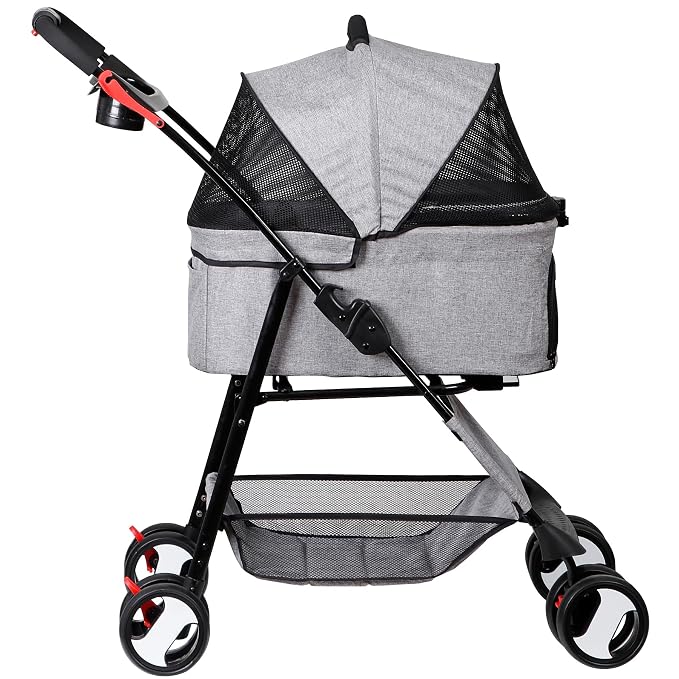 ZENY Pet Stroller, 3 in1 Foldable Dog Cat Jogger Stroller with 4 Wheels | Detachable Basket and Cup Holder, Travel Folding Carrier for Small/Medium Pet (Gray)
