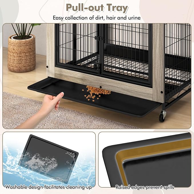 PETSITE Portable Dog Crate Furniture with Storage Shelves, 59 Inch Wooden Dog Kennel with Flip-up Top, 3 Lockable Doors and Removable Tray, Ideal for Small to Medium Dogs (Grey)