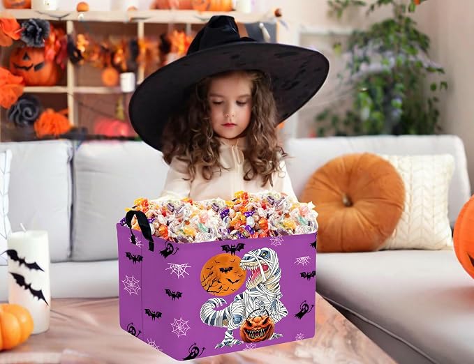 Large Halloween Themed Candy Gift Boo Basket for Kids Baby Personalized Adults Storage Bin Fall Decor(Purple Dinosaur)