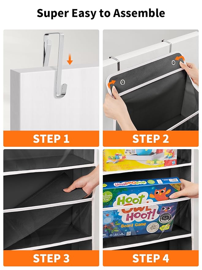 JARLINK Over The Door Toy Storage Organizer w/Clear Window, Black | Anti-Tilt 44 lb Load Capacity, Baby Toy Storage Organizer for Stuffed Animals, Nursery, Kid Bedroom, Newborn Baby Essentials
