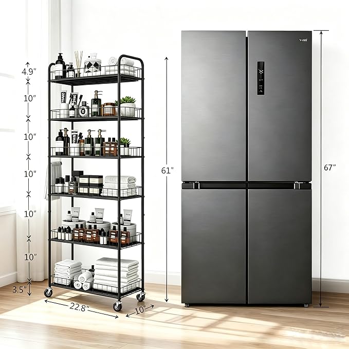 Slim Rolling Storage Cart with Wheels,10in 6 Tier Black | Narrow Space Rolling Shelving Unit , Metal Wire Mobile Organizer Rack for Kitchen Bathroom Office Laundry