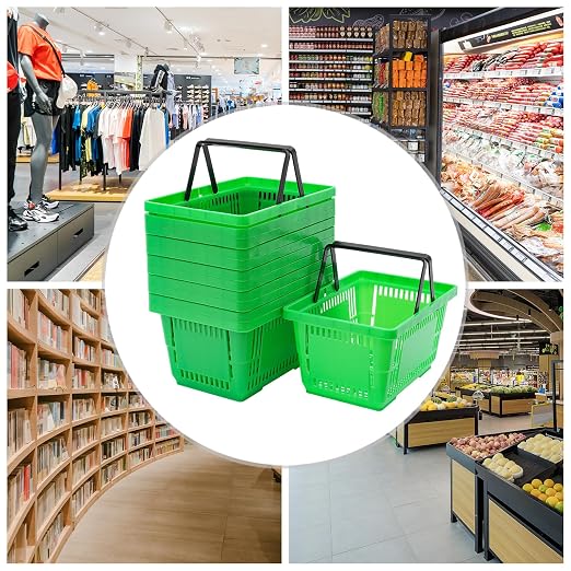 12PCS Shopping Baskets with Handles, 19x13x10inch Plastic Storage Bins Grocery Baskets, Portable Shop Basket Used for Supermarket, Retail, Bookstore (Green)