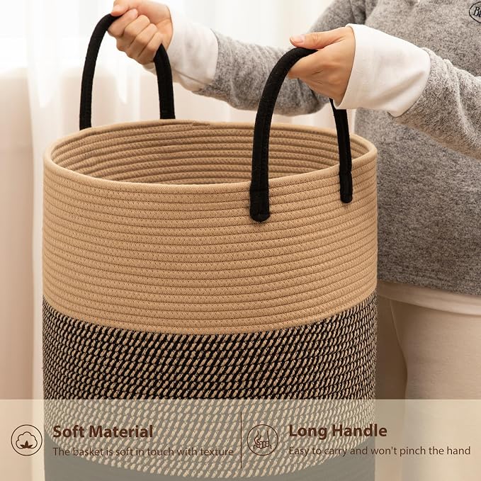 OIAHOMY 60L Nursery Hamper Laundry Basket Laundry Hamper Yellow/Black | collapsible Blanket Basket Cotton Rope Woven Basket Dirty Clothes Hamper Baby Hamper Tall Clothes Hamper with Handles