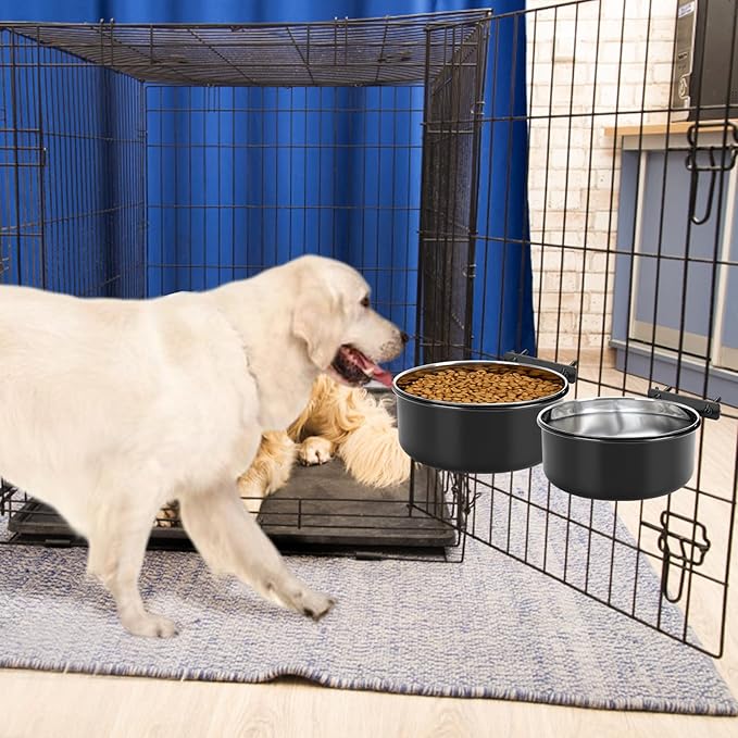 2 Pcs Black Large Pet Dog Food Water Bowl for Cage Stainless Steel Non-Spill Kennel Hanging Cats Bowls with Clamp Holder Crate Feeder Dish for Medium Large Dogs Huge Pets (7.1x2.5'' & 6.3x2.4'')