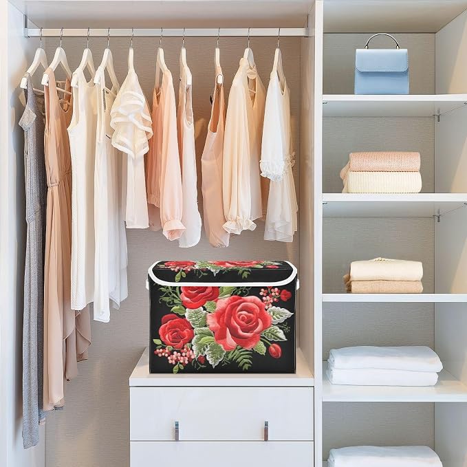 senya Flower Baskets Collapsible Storage Bins with Lids, Rose Flower Retro Style Storage Boxes Clothes Baskets for Organizing, B06D22020