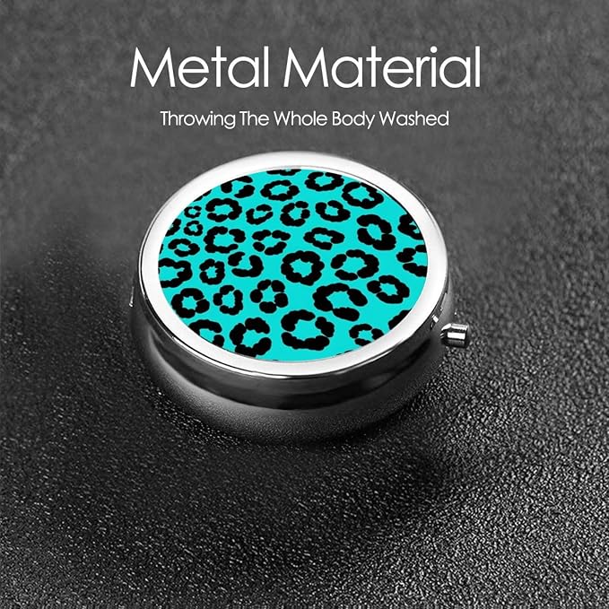 Compact Pill Container, Round Mini Box with Mirror, Travel Organizer for Supplements, Pocket Purse Holder for Daily Routine, Cheetah Blue and Black Leopard Print