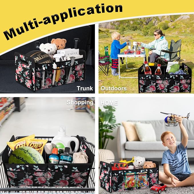 Car Trunk Organizer, Collapsible Car Organizers and Storage Black Floral | Sturdy, Large Capacity, Clean Decor, Multi Compartment Container Box, Adjustable Car Accessories for SUV Sedan Truck