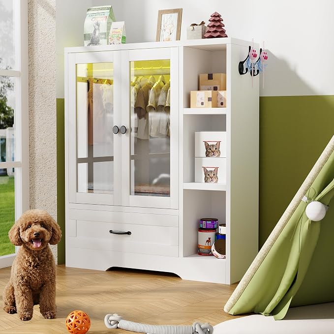 Pet Wardrobe Cabinet, Dog Clothes Closet with RGB LED, Acrylic Door & Drawer, MDF Wooden Storage Organizer for Cat Dog, White