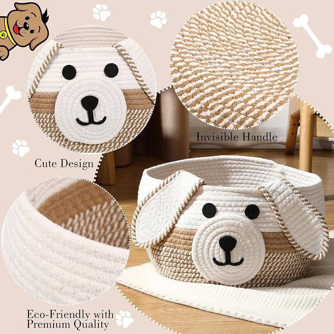 Zopeal Woven Dog Basket with Handle Toy Storage, Khaki, White, 13 x 8 Inch | Pet Gift Basket, Toys Storage Organizer, Cotton Rope Rectangular Bin, Keeps Puppy Items Organized, Sturdy Handles