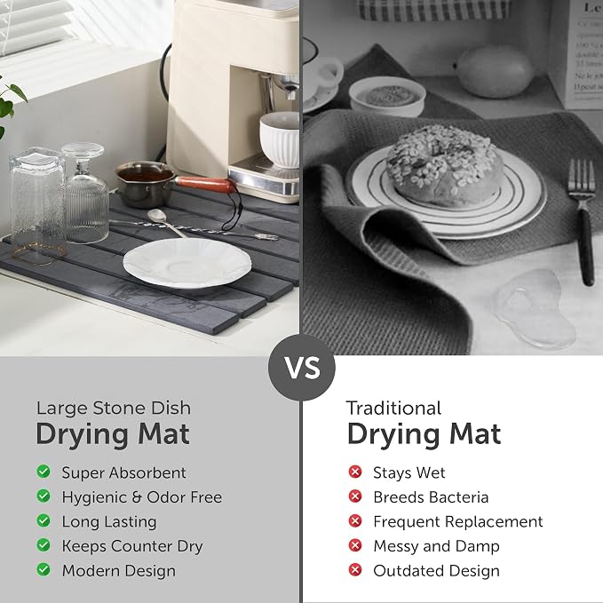 Drying Matt Kitchen Counter,Large Stone Dish Drying Mat for Kitchen Counter,Foldable Water Absorbing Diatomaceous Earth Drying Organizer Pad for Kitchen Utensils(Dark Gray 24"×16" & 8"x4")