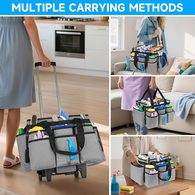 Large Rolling Cleaning Caddy Bag with Detachable Trolley,Cleaning Cart on Wheels with Shoulder Strap,Cleaning Supplies Organizer for Housekeepers,Gray