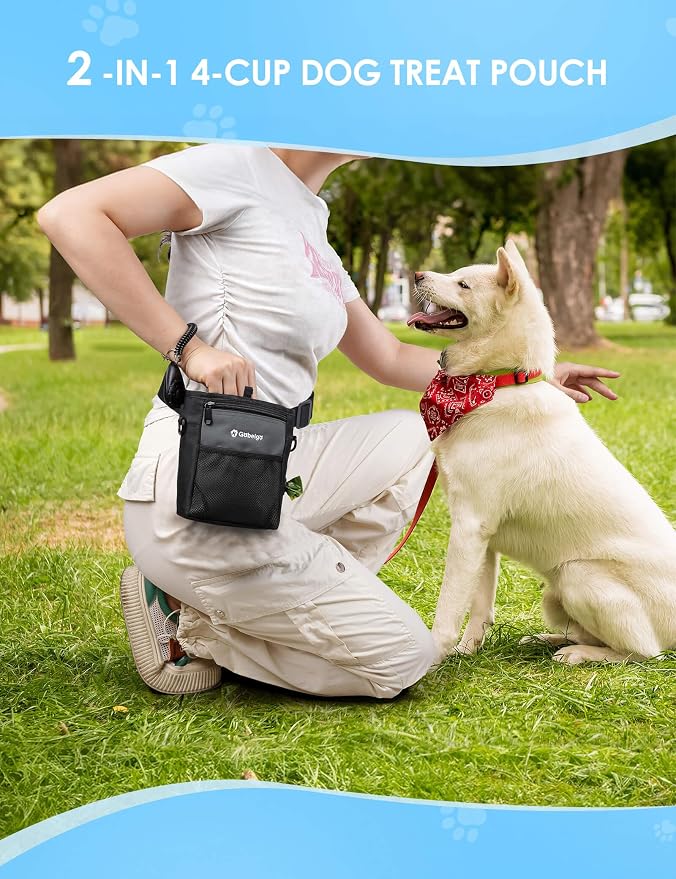 4 Cup Dog Treat Pouch with Silicone Insert Bag& Clicker(Gray) | 2 Pair Magnetic Closures, Belt Clip/Waist Belt/Crossbody Wear, Zipper Pocket Poop Bag Holder for Pet Training/Daily Walking