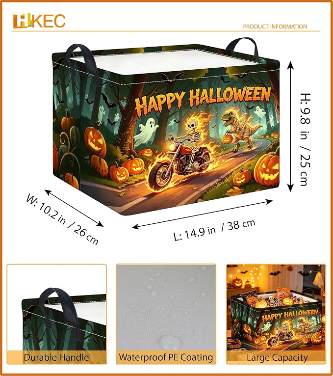 Rectangle Storage Basket with Handles,Collapsible Storage Bin,Gift Basket(Fire Halloween)