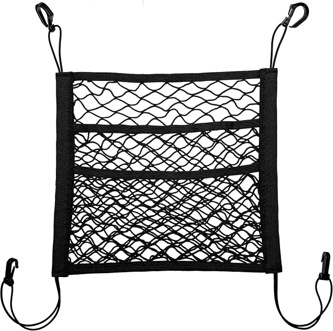 15.7×13.7" Mesh Car Organizer (3 Layers) | Between-Seat Storage Net with Pet Barrier, Holds Tissue, Purse & More – Fits SUV/Truck/Van