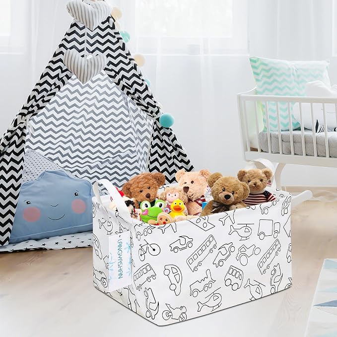 Rectangular Collapsible Vehicle Storage Basket Nursery Organizer | Storage Bin Foldable Canvas with Handles for Organizing Home Kitchen Children Toys Office Closet Shelf Baskets