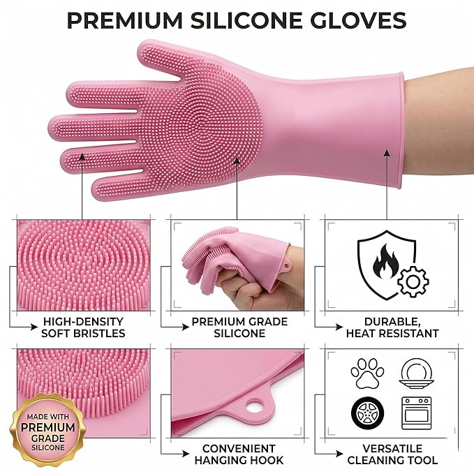 NVNAN Dog Bath Gloves for Washing, Pet Grooming Gloves with Shampoo Brush, Dog Bath Brush for Dogs and Cats, Essential Dog Bath Supplies (1 Pair, Pink)