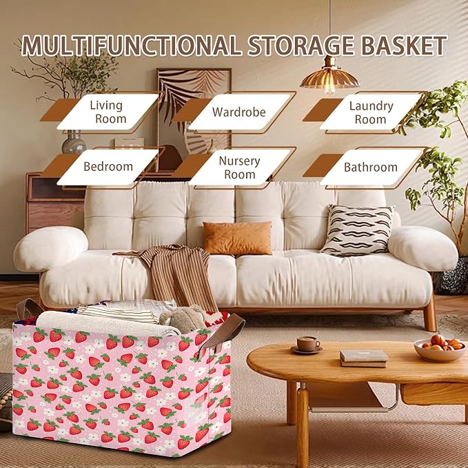 Pink Strawberry Collapsible Storage Bin - 17x11.5x10.5 Inch Foldable Organizer Basket for Nursery, Kids Room,Kitchen, Pantry, Home Decor - Single Pack No Lid Space-Saving