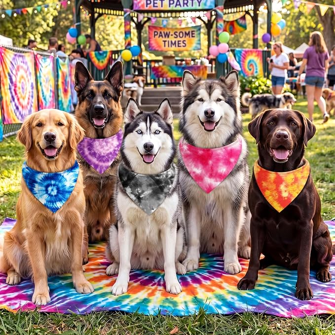 Abbylike 50 Pieces Tie Dye Dog Bandanas Bulk Colorful Hippie Pattern Dog Bandanas for Dogs Triangle Kerchief Scarf Bibs Set for Pets Summer Party Costume Accessories, 25 Styles (31.5 x 21.7 x 21.7)
