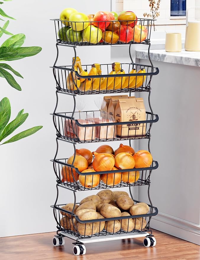 OKZEST 5 Tier Fruit Basket for Kitchen, Stackable Bins Wire Rack with Wheels, Fruit and Vegetable Storage Basket Pantry Food Snack Organizer Shelf, Kitchen Storage Cart for Onion and Potato, Produce | Kitchen pantry organizer rack with dirt catch tray,...
